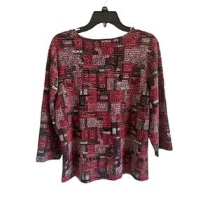 Allison Daley Women's Petite Large Crew Neck 3/4 Sleeve Purple Geometric Blouse